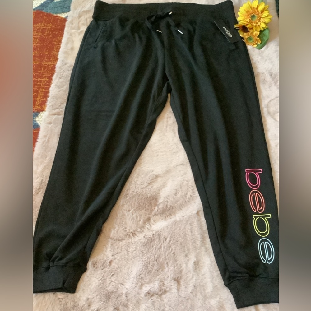 LOWEST🌺 NWT BEBE SPORT BLACK FLEECE MULTICOLOR LOGO JOGGER PANTS - Picture 5 of 13